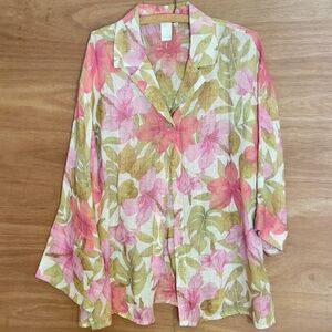Jones New York 100% linen floral semi sheer jacket size M pastel pink cream tan
